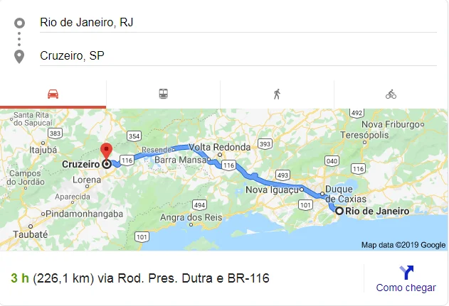 Como chegar do Rio de Janeiro até a Clínica de Cruzeiro SP