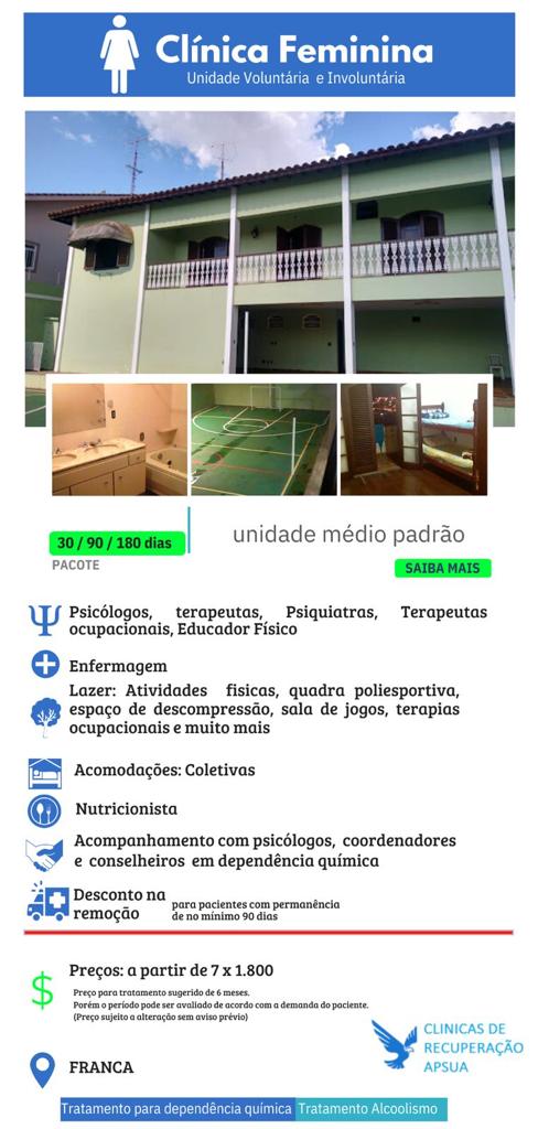 Clínica de recuperação feminina para dependente químico em São Paulo, descrição na imagem.